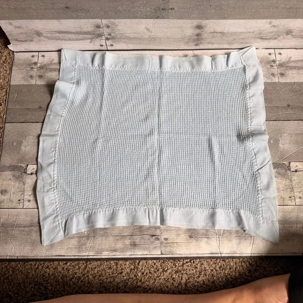 Vintage Morgan Mini Light Blue Waffle Knit Baby Blanket Satin Trim